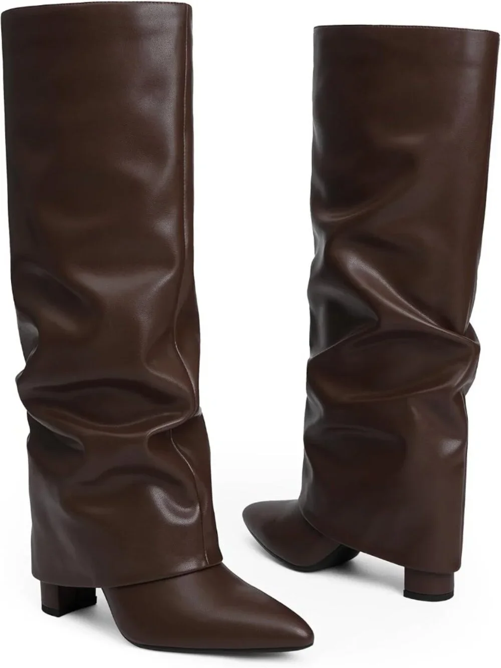 Women Chocolate Slouchy Pointed Toe Chunky Heel Faux Leather Over The Knee Boots